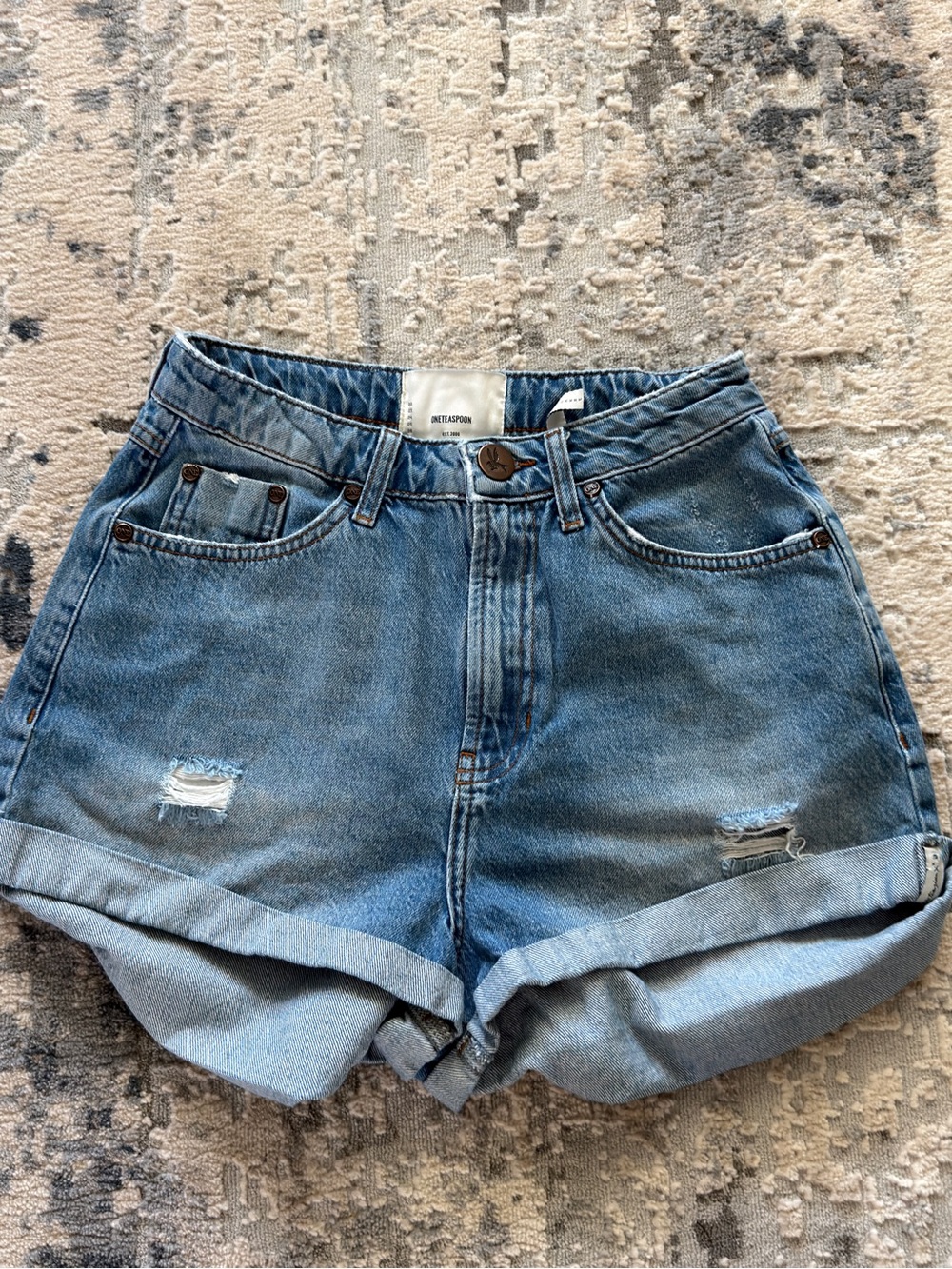 One Teaspoon Light Blue Distressed Rolled Hem Jean Shorts
